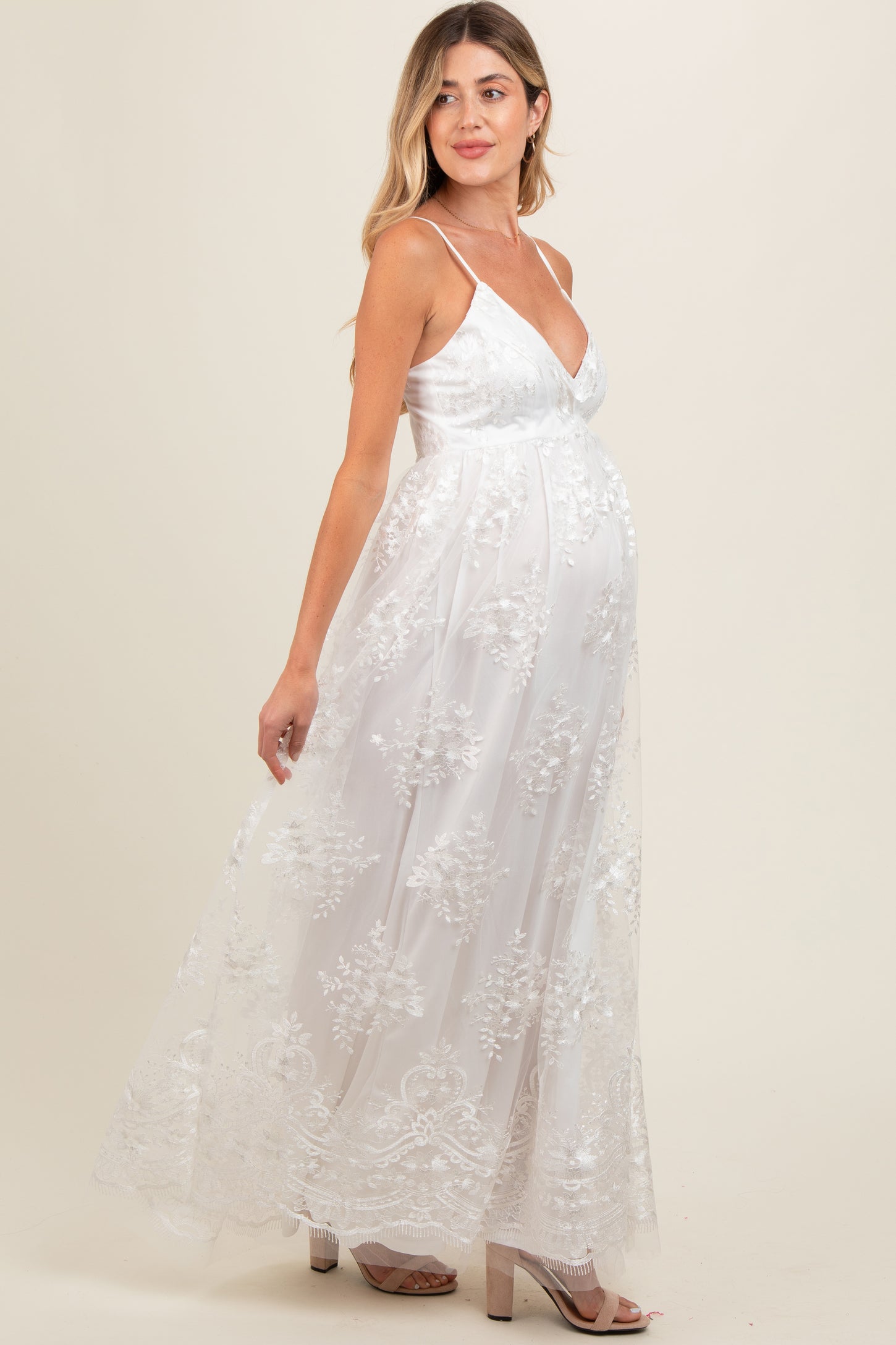 Ivory Floral Lace Overlay Maternity Maxi Dress