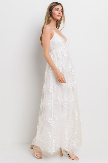 Ivory Floral Lace Overlay Maxi Dress