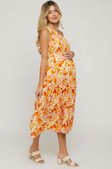 Orange Print Smocked One Shoulder Maternity Midi Dress