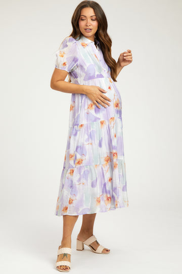 Lavender Floral Button Front Short Sleeve Tiered Maternity Midi Dress