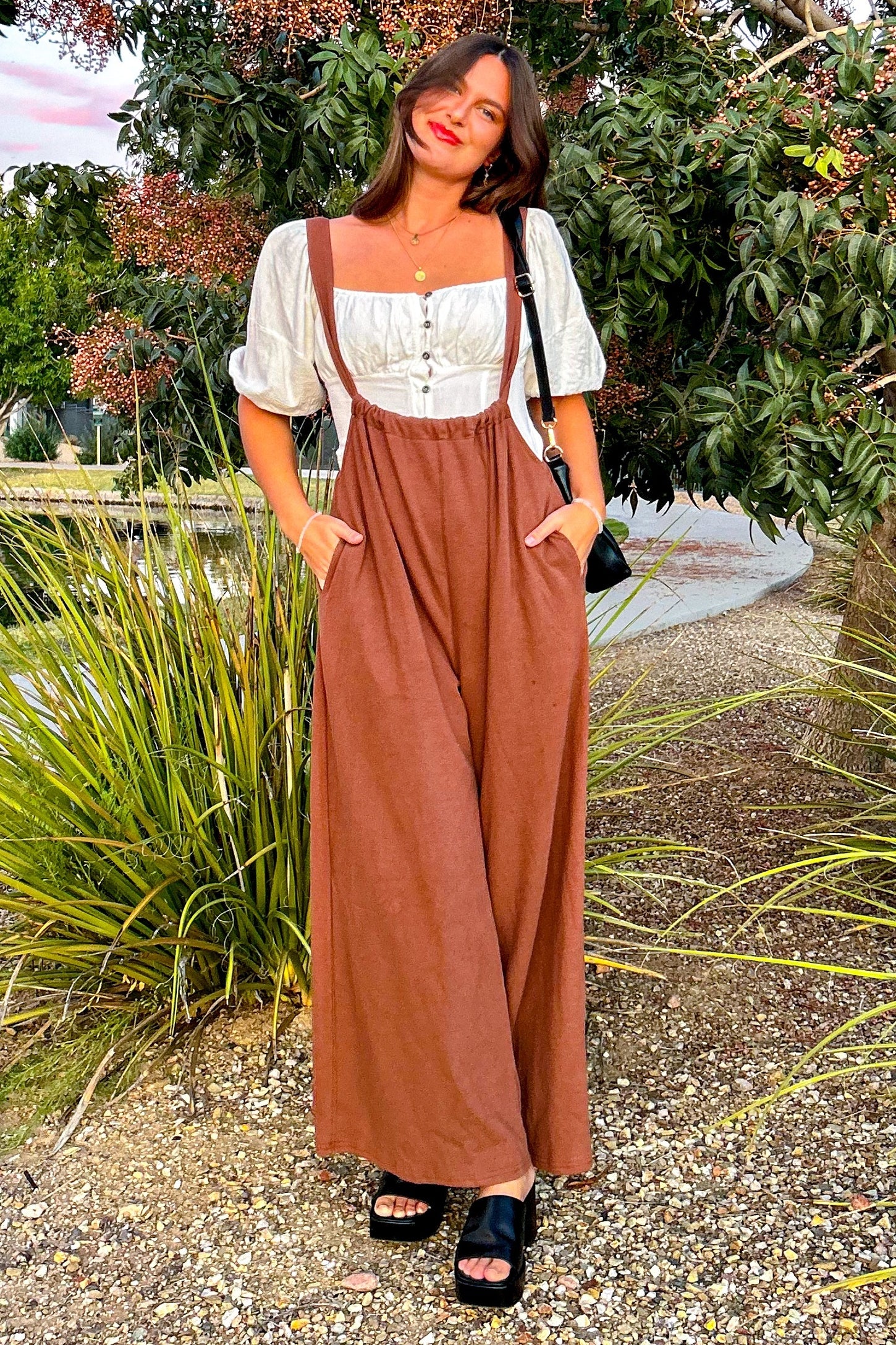 Mocha Ribbed Drawstring Wide Leg Maternity Jumpsuit