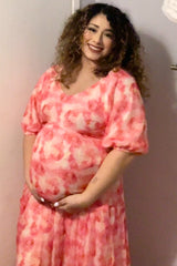 Fuchsia Watercolor Floral Maternity Midi Dress