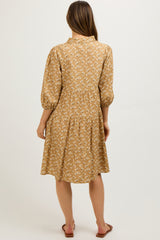 Camel Floral Button Front 3/4 Sleeve Maternity Dress