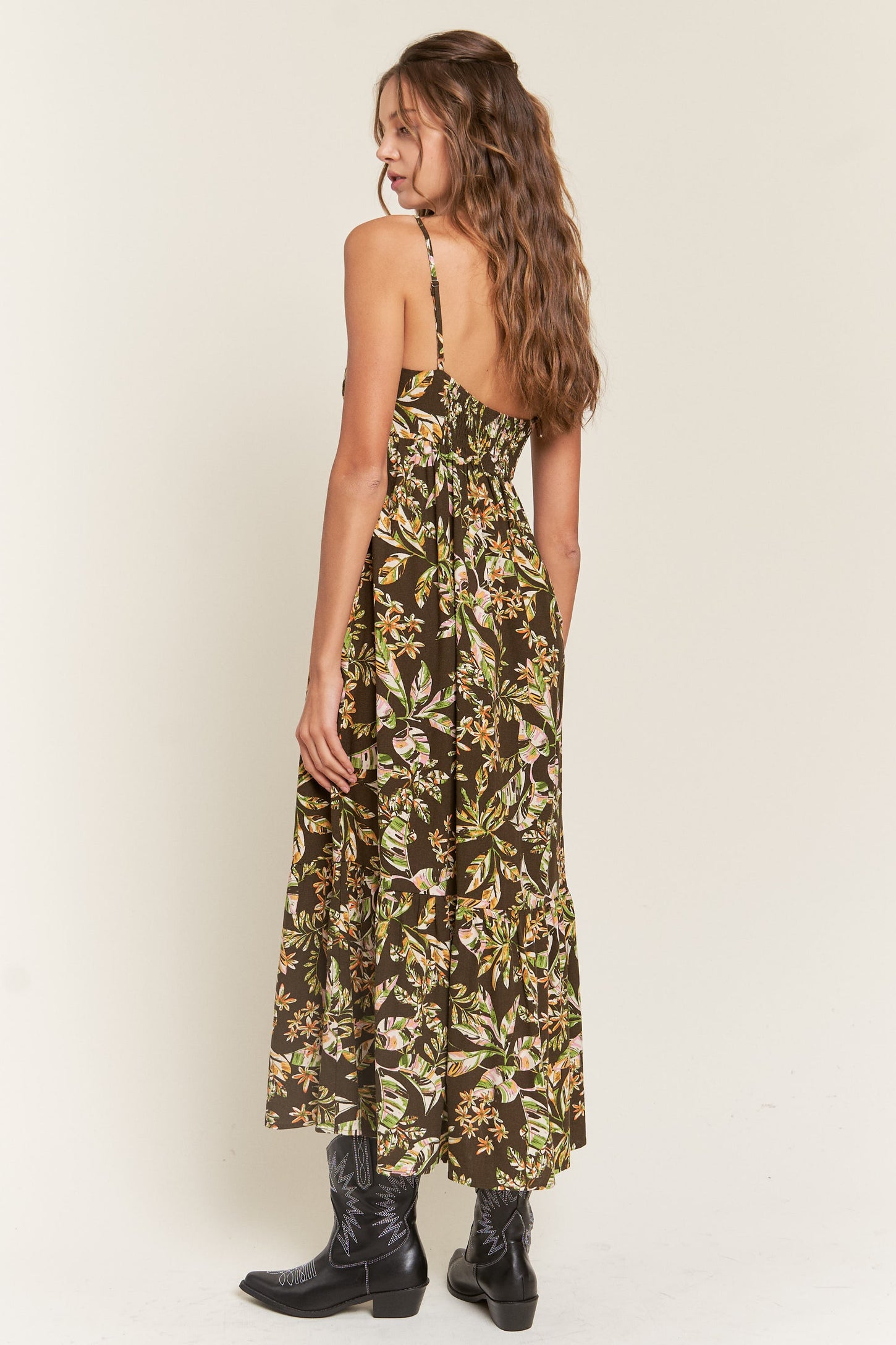 Brown Floral Sleeveless Front Cinched Midi Dress