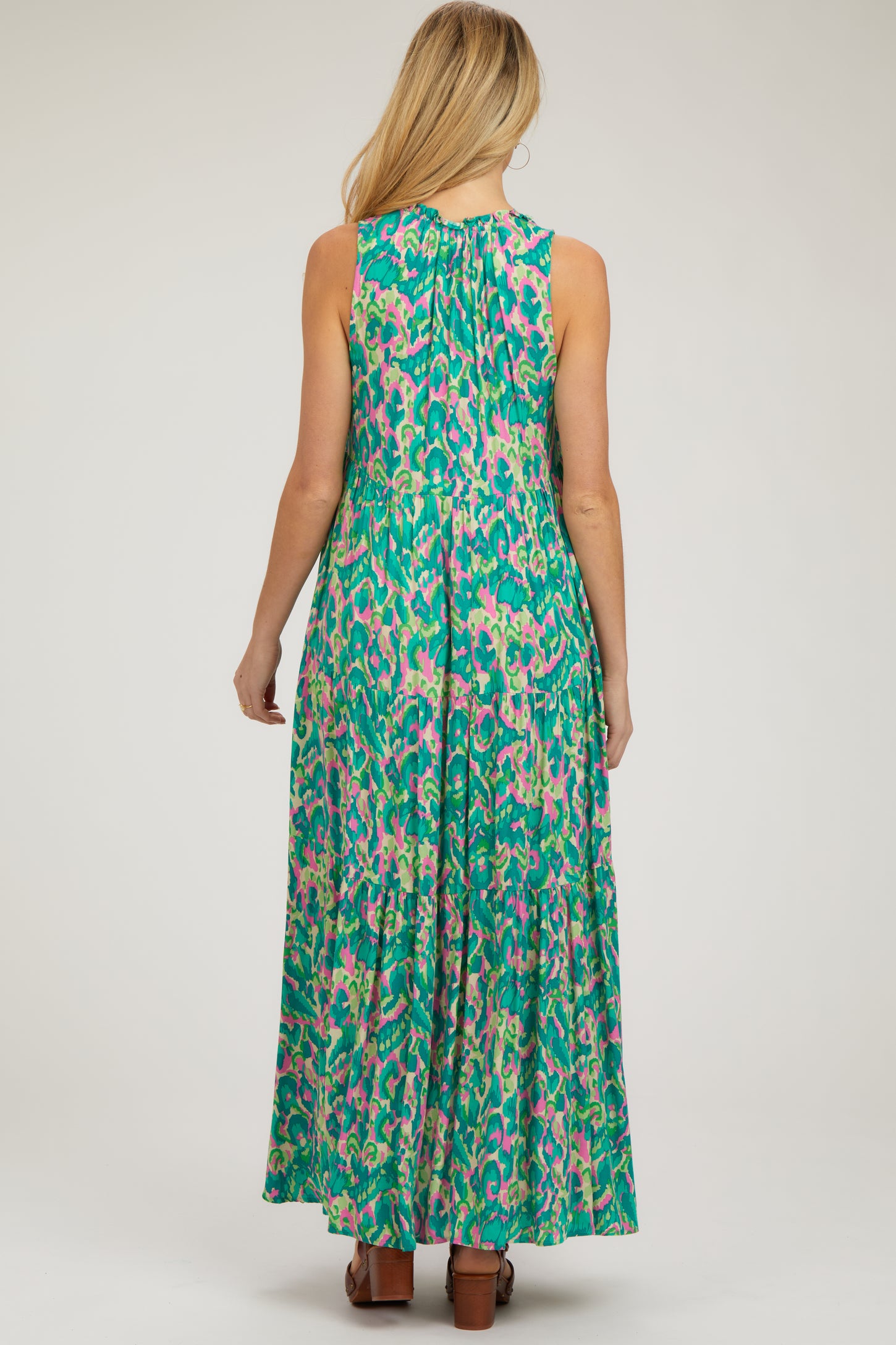 Green Sleeveless V-Neck Ruffle Neck Tiered Maternity Maxi Dress