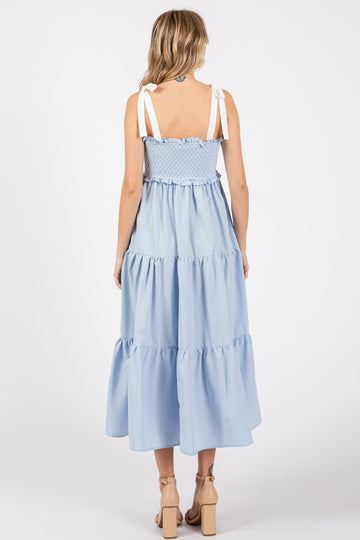 Light Blue Sleeveless Tiered Colorblock Strap Maxi Dress