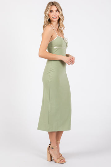 Light Olive Contrast Bow Back Slit Midi Dress