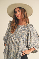 Blue Floral Ruffle Blouse