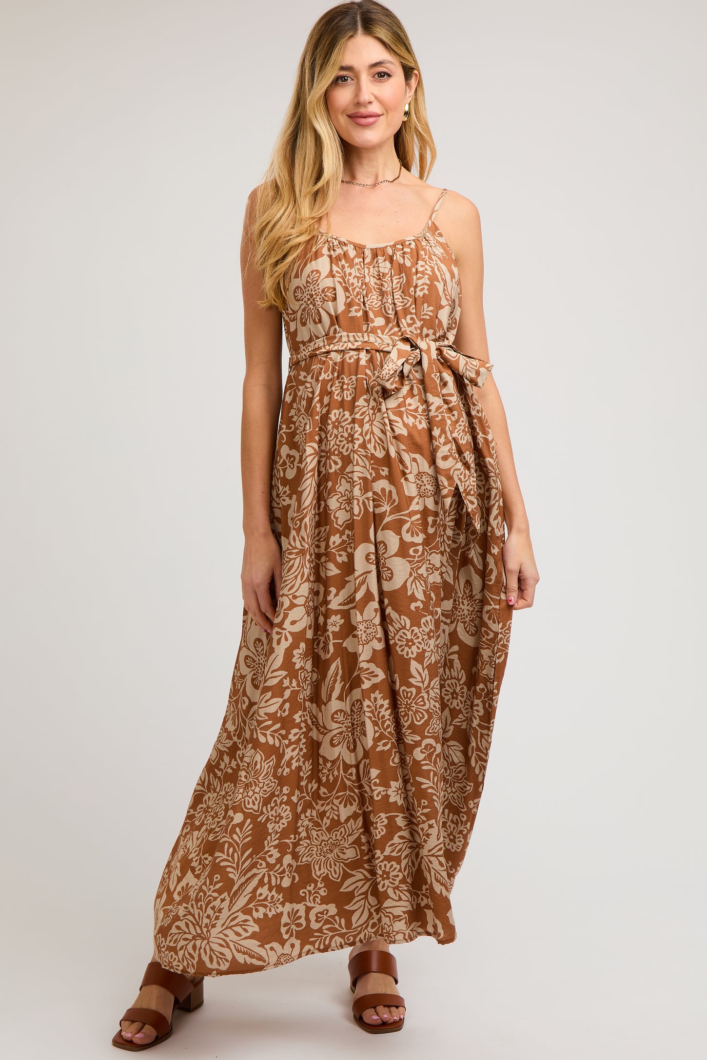 Camel Sleeveless Tie Waist Maternity Midi Dress