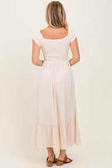 Beige Smocked Ruched Ruffle Hem Maxi Dress