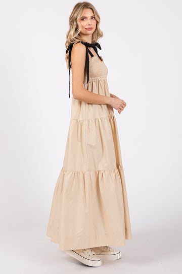 Taupe Contrast Shoulder Straps Maxi Dress