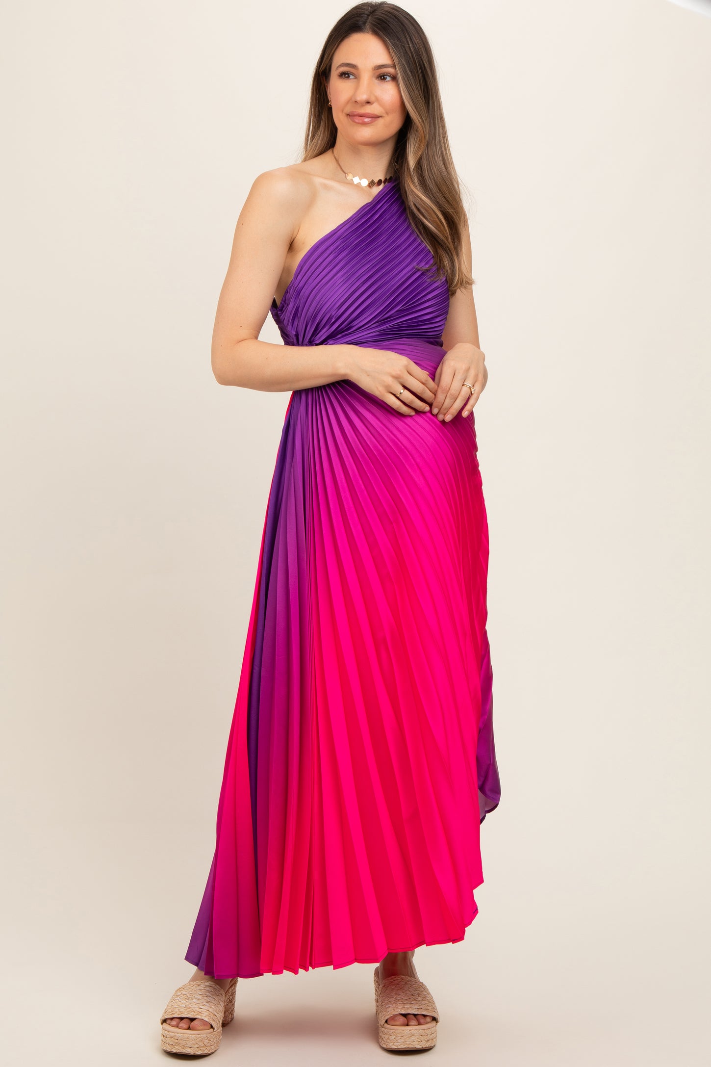 Purple Ombre Pleated Asymmetrical Maternity Maxi Dress