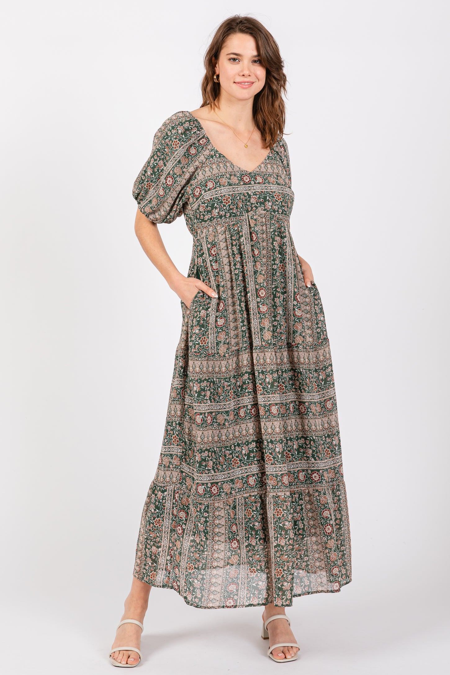 Forest Green V-Neck 3/4 Sleeve Maternity Maxi Dress
