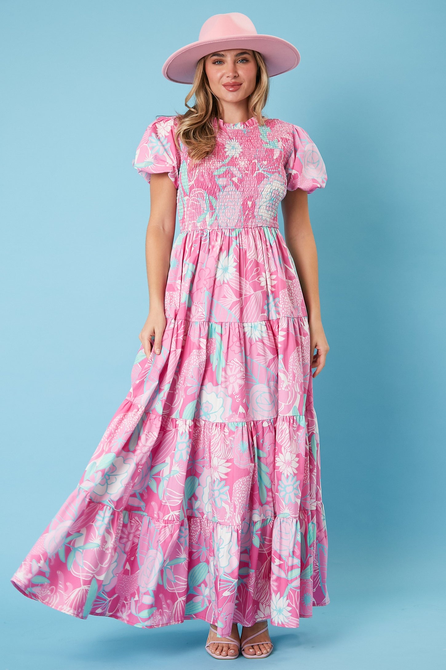 Pink Floral Smocked Short Puff Sleeve Tiered Maternity Maxi Dress