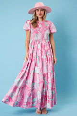 Pink Floral Smocked Short Puff Sleeve Tiered Maternity Maxi Dress