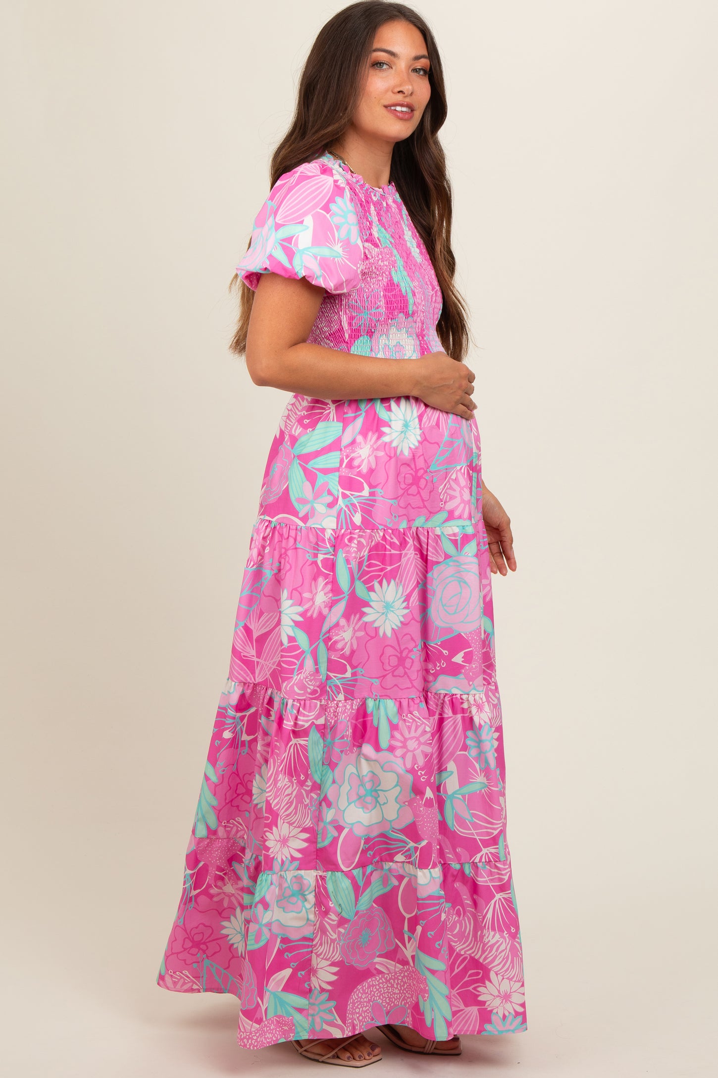 Pink Floral Smocked Short Puff Sleeve Tiered Maternity Maxi Dress