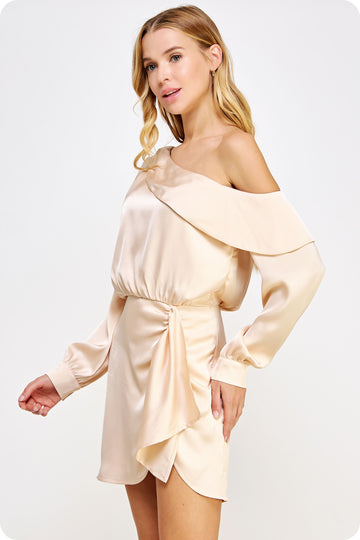 Champagne One Shoulder Draped Satin Mini Dress