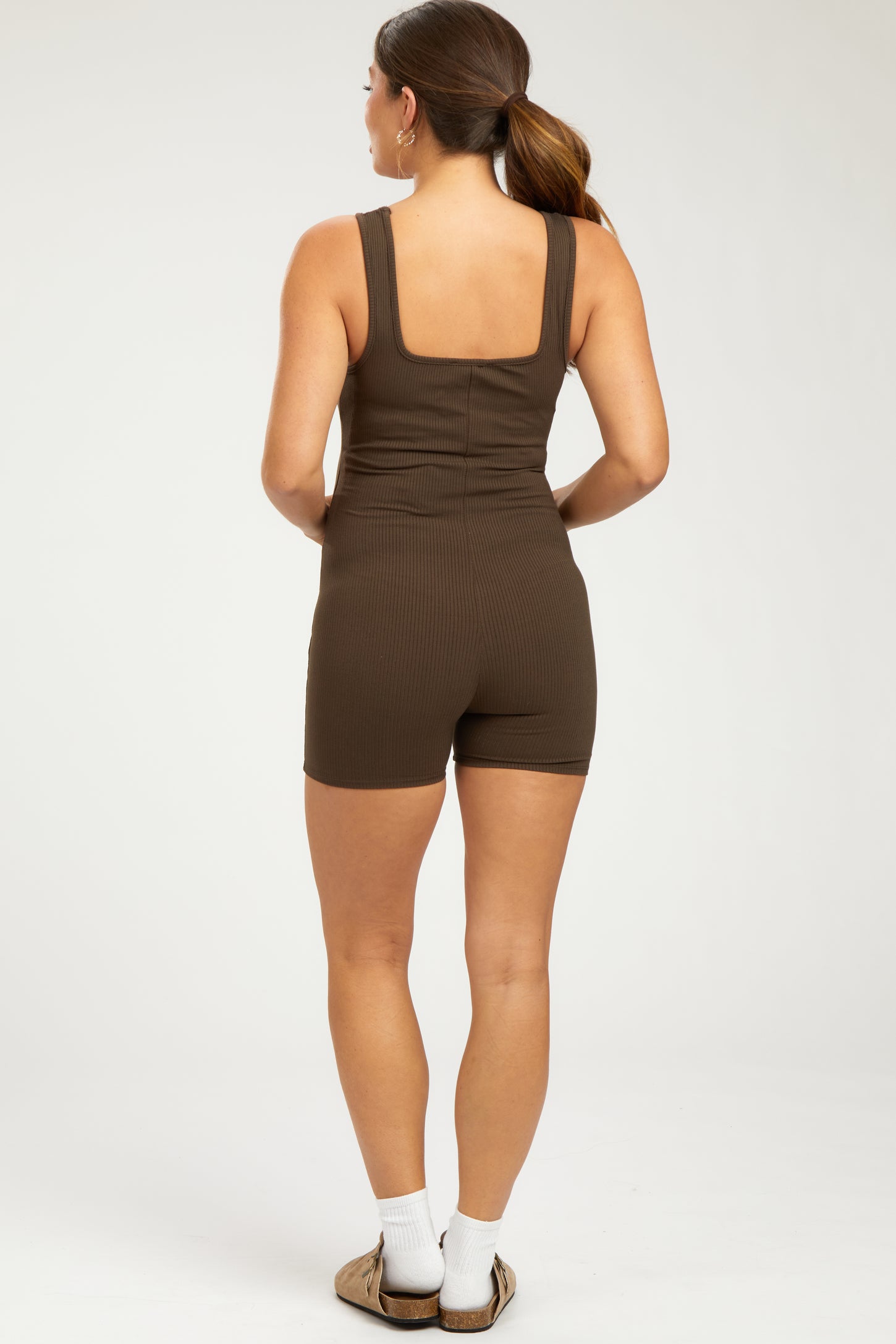Brown Ribbed Square Neck Sleeveless Maternity Romper