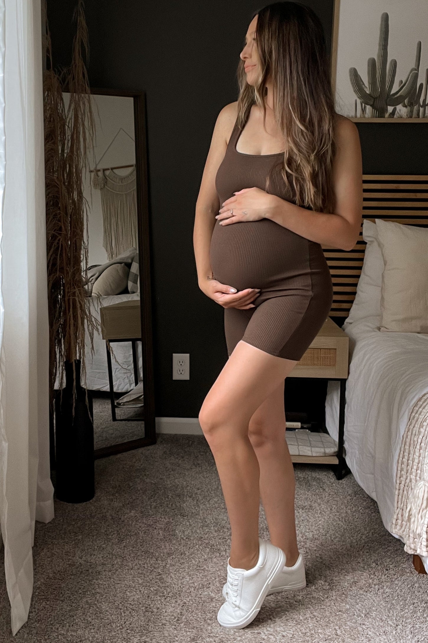 Brown Ribbed Square Neck Sleeveless Maternity Romper