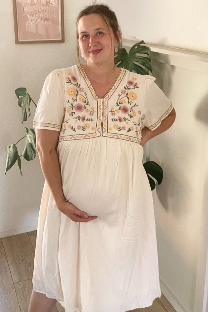 Cream Short Sleeve V-Neck Maternity Midi Dress