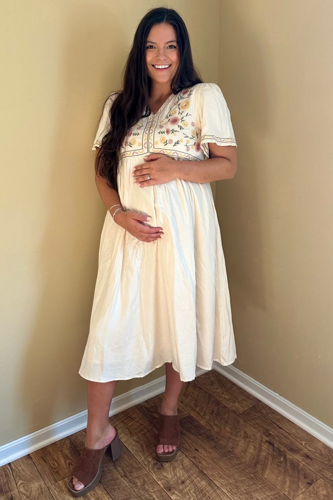 Cream Short Sleeve V-Neck Maternity Midi Dress