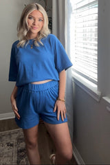 Blue Ribbed Short Sleeve Maternity Short Set