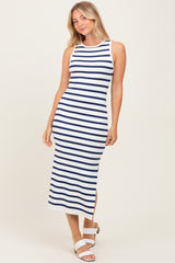 White Navy Striped Knit Sleeveless Side Slit Maternity Midi Dress