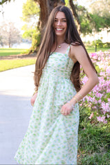 Blue Floral Textured Dot Square Neck Midi Dress