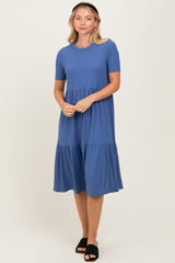 Blue Ribbed Tiered Midi Dress