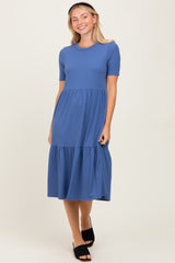 Blue Ribbed Tiered Midi Dress