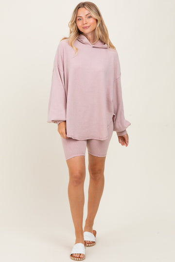 Light Pink Ribbed Hoodie Bike Shorts Set