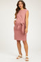 Mauve Terry Knit Gathered Waist Maternity Dress