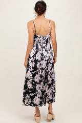 Black Leaf Print Satin Square Neck Midi Dress