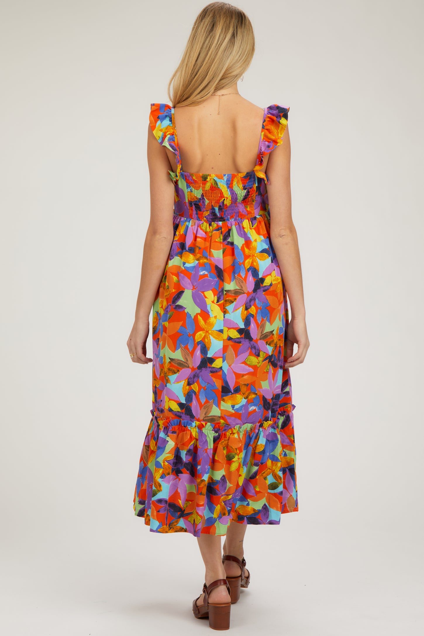 Orange Floral Satin Square Neck Ruffle Strap Maternity Midi Dress