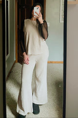 Beige Slub Knit Pants Set