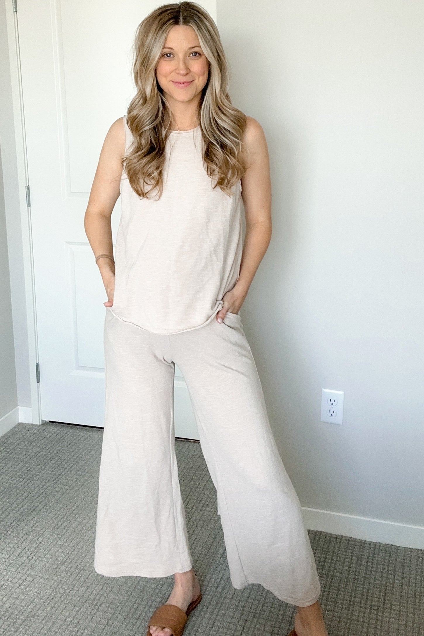 Beige Slub Knit Pants Set