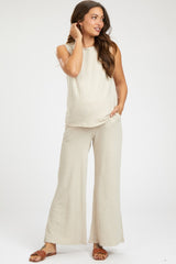 Beige Slub Knit Maternity Pants Set