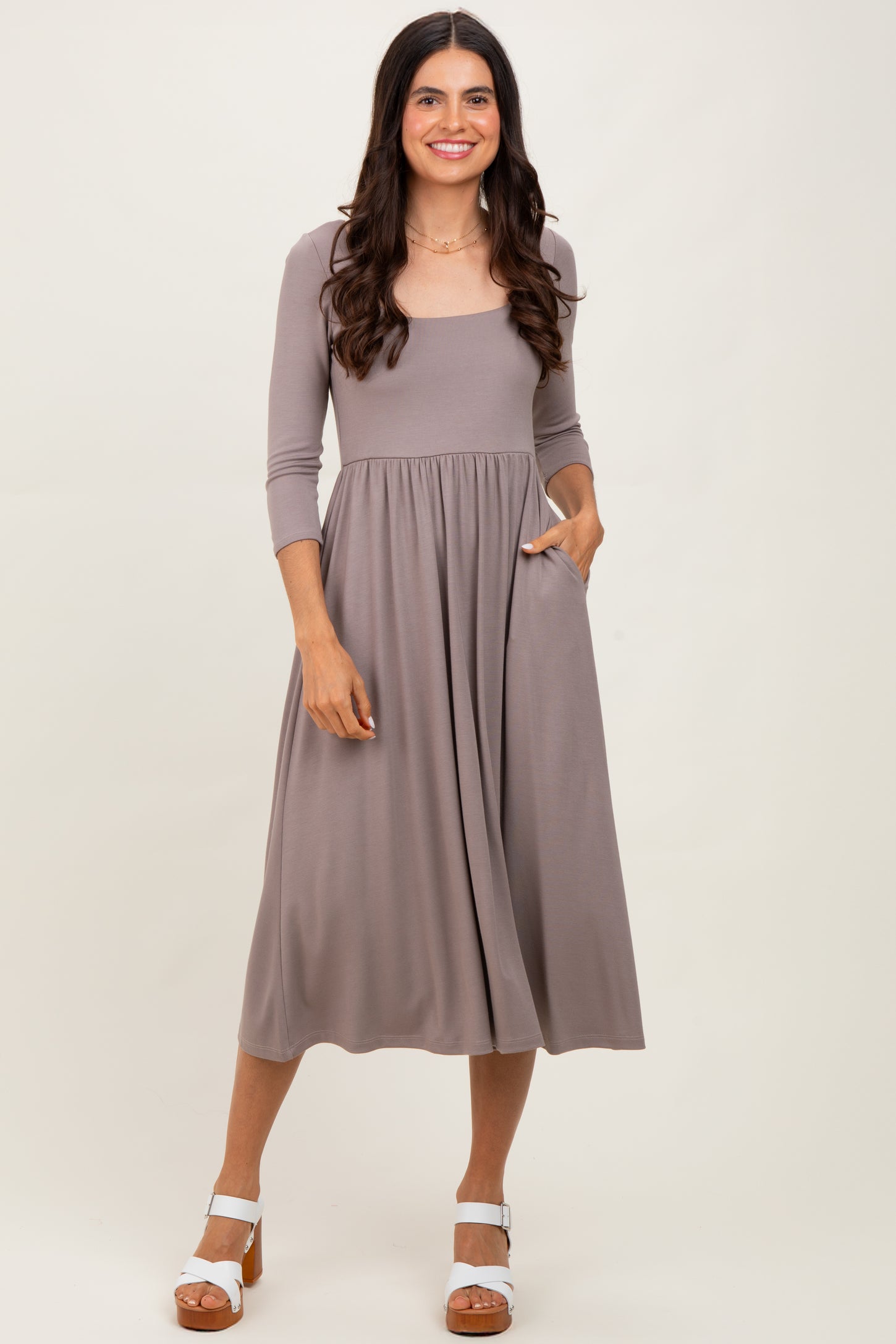 Mocha Square Neck 3/4 Sleeve Midi Dress