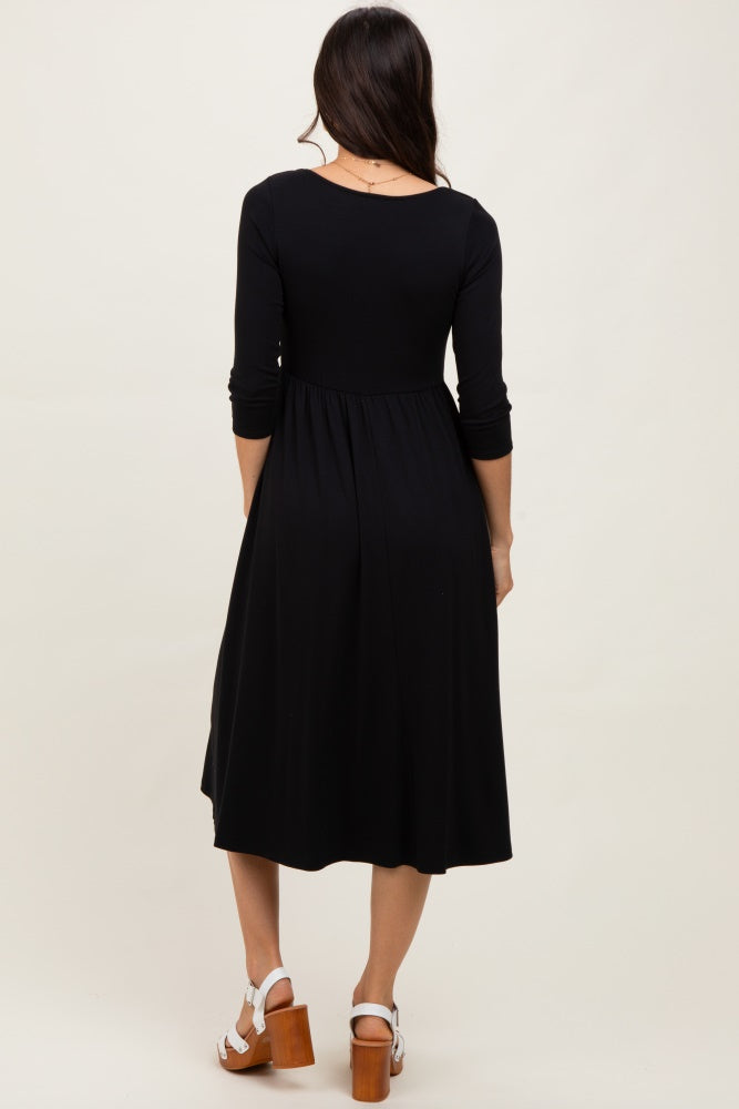Black Square Neck 3/4 Sleeve Midi Dress
