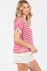 Fuchsia Striped Knit V-Neck Short Sleeve Top