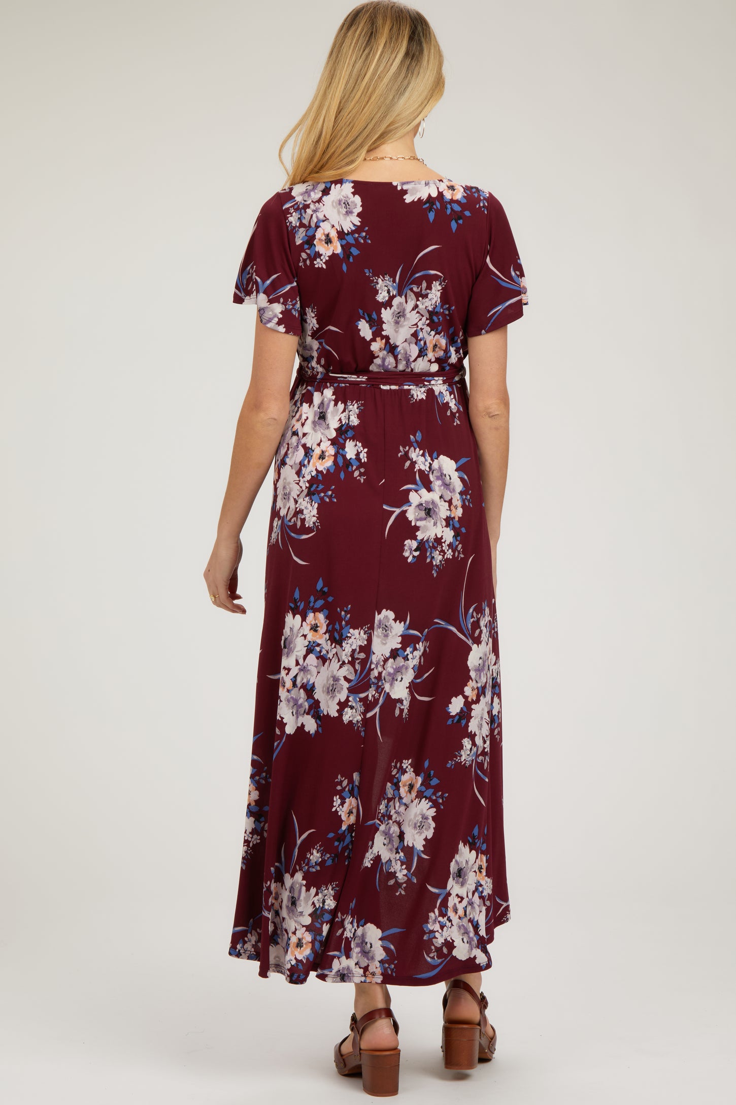 Burgundy Floral Print Wrap Front V-Neck Hi-Low Midi Dress