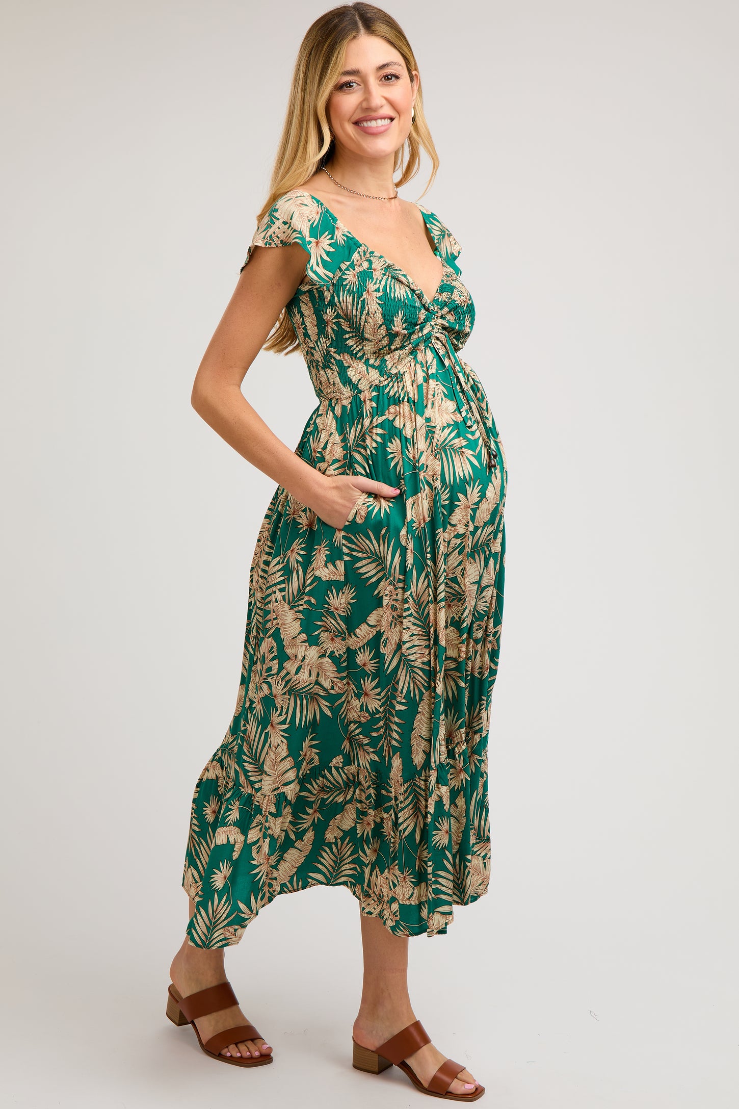 Jade Tropical Print Smocked Short Sleeve Maternity Maxi Dress