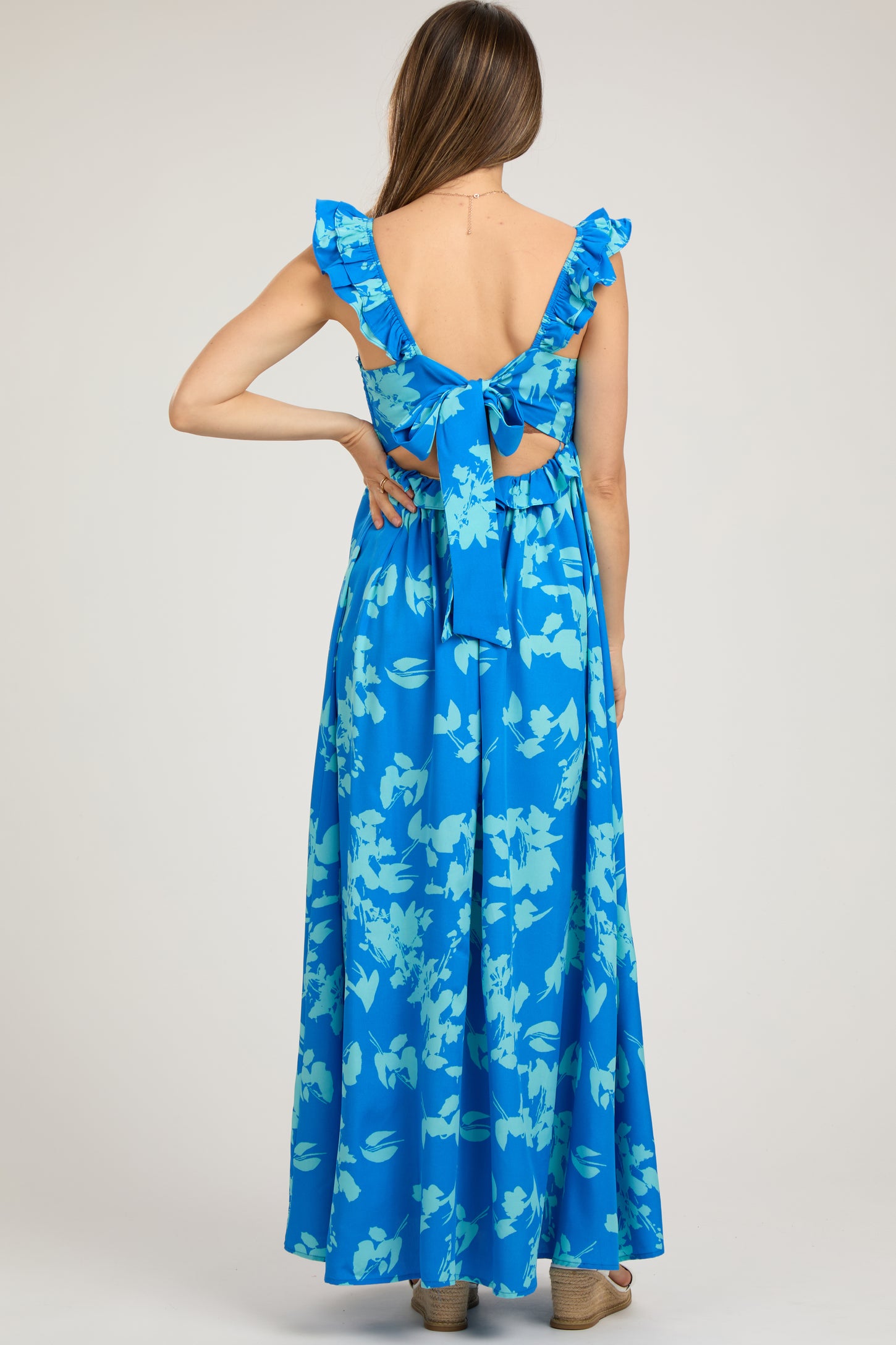 Blue Floral Ruffle V-Neck Back Cutout Maternity Maxi Dress