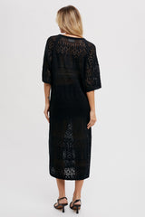 Black Open Knit Front Tie Side Slit Midi Swim Cover Up