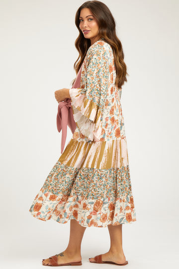 Cream Floral Tiered Ruffle Sleeve Maternity Cover Up