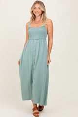 Light Olive Button Down Smocked Dress