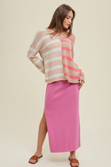 Pink Ribbed Knit Side Slit Midi Dress