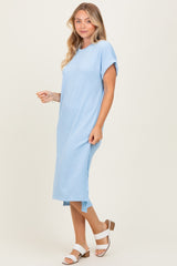 Light Blue Ribbed Short Sleeve Midi Dress