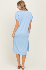 Light Blue Ribbed Short Sleeve Midi Dress