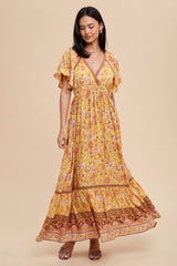 Yellow Floral Flounce Sleeve Maxi Dress